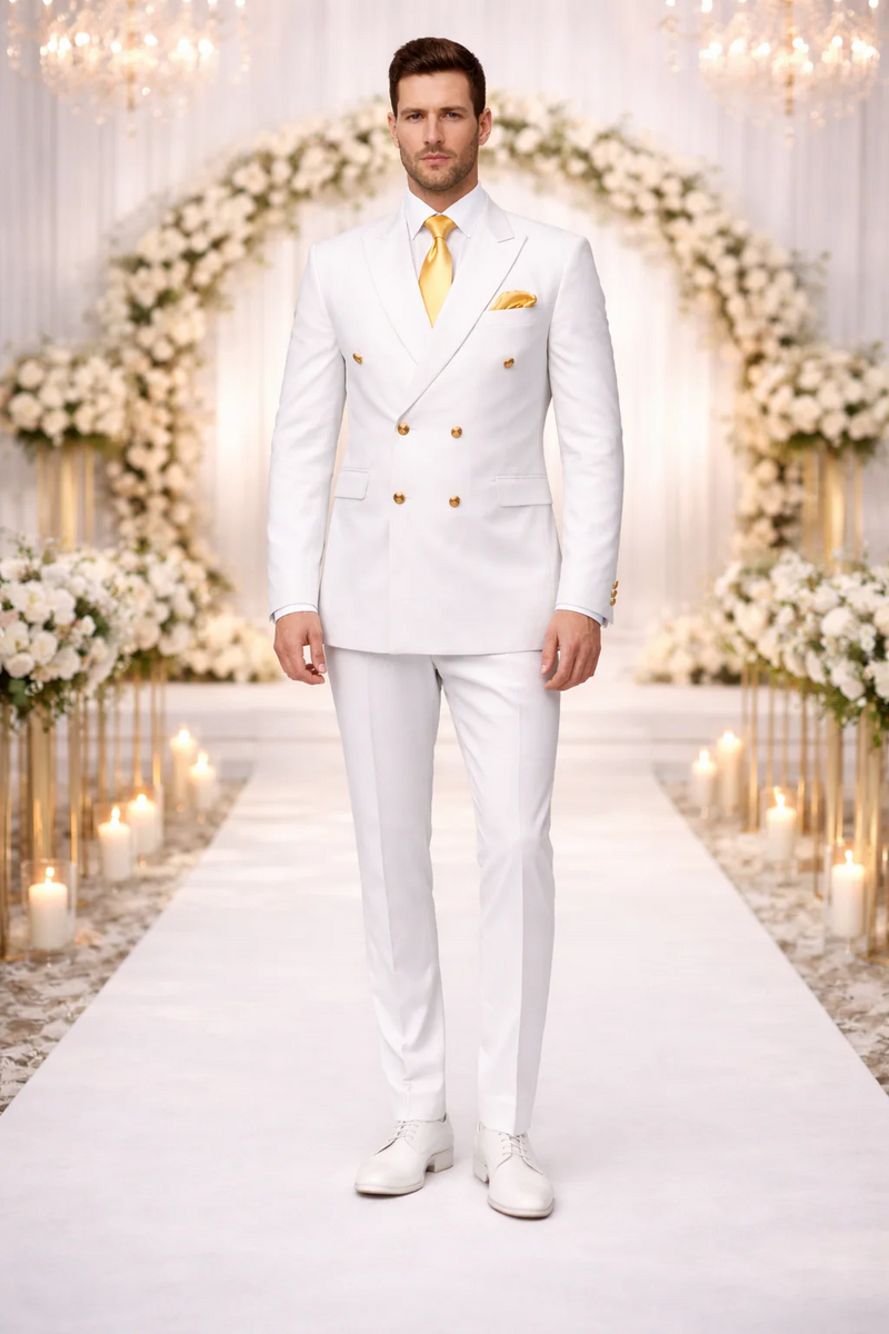 Rossiman Men's White Slim Fit Suit – Double-Breasted 3-Piece Formal Ensemble