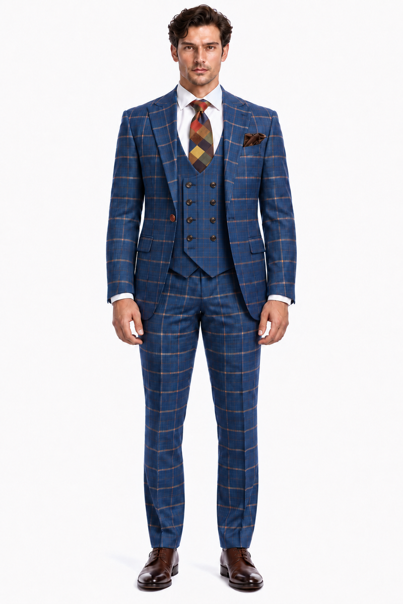 Rossiman Mens Navy & Gray Plaid Suit - Classic Windowpane Double-Breasted Design