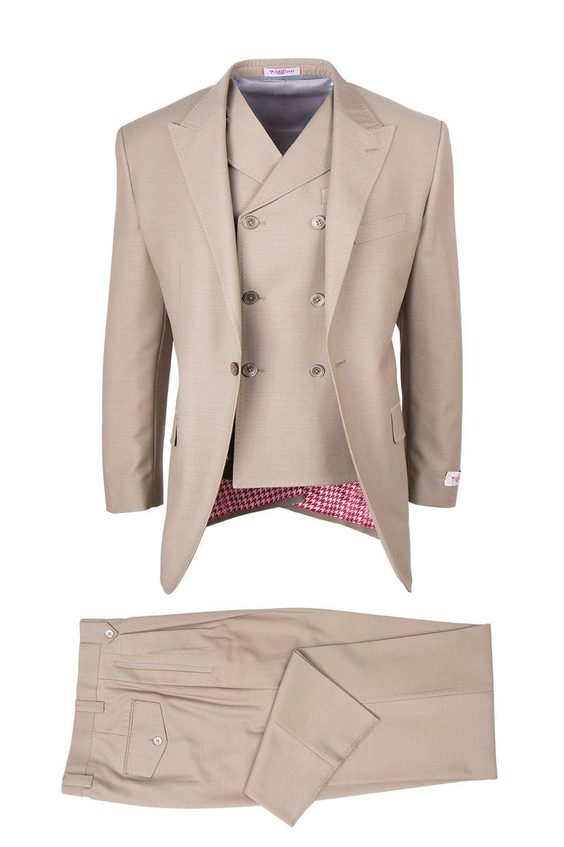 Beige Tiglio Italian suit: double-breasted jacket with notched lapel & layered under-jacket. Straight-leg trousers. Jacket interior: red/white houndstooth. Side pocket & button closure.