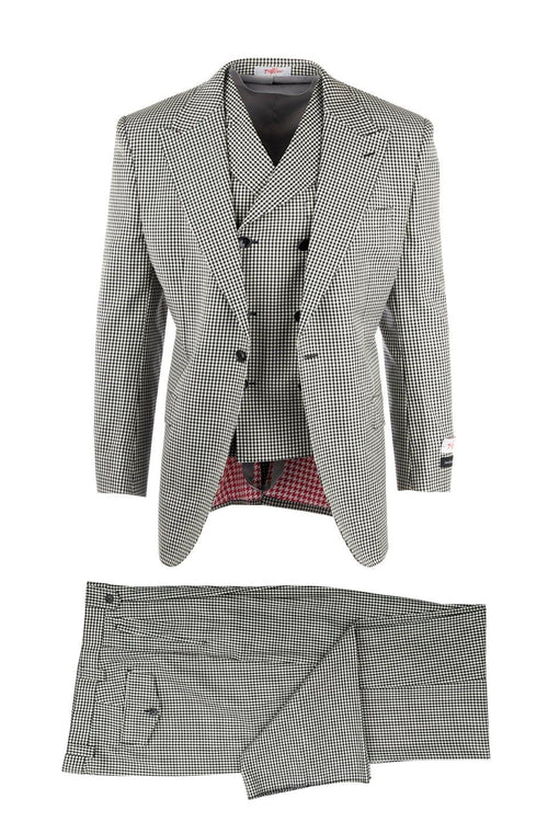 Tiglio Italian suit: double-breasted jacket & trousers in black-and-white houndstooth. Jacket: structured shoulders, notched lapel, red lining. Trousers: straight-leg, belt loops, button/zipper closure.