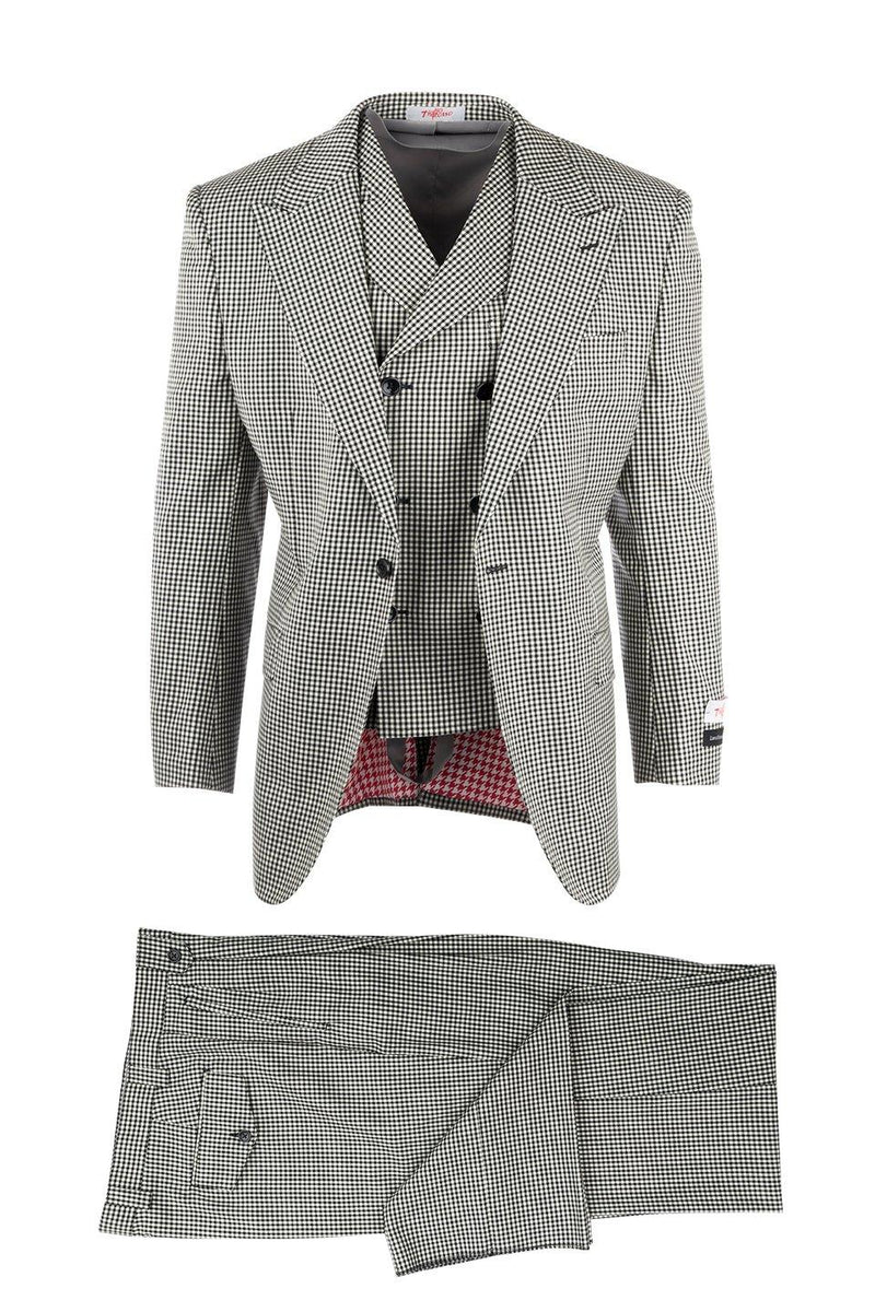 Tiglio Italian suit: double-breasted jacket & trousers in black-and-white houndstooth. Jacket: structured shoulders, notched lapel, red lining. Trousers: straight-leg, belt loops, button/zipper closure.