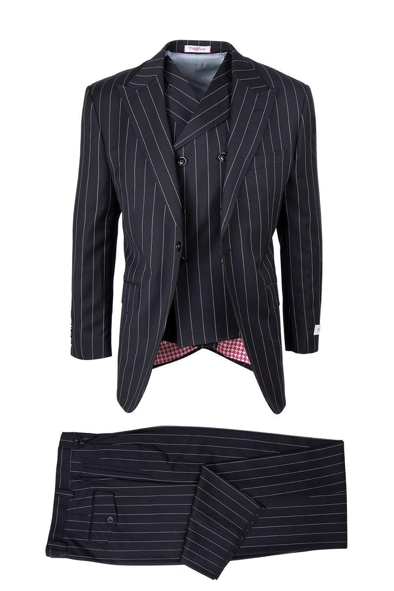 Dark navy Tiglio Italian suit with white pinstripes. Double-breasted jacket, notched lapel, red/white checkered lining. Includes matching trousers. Woven fabric for a formal look.