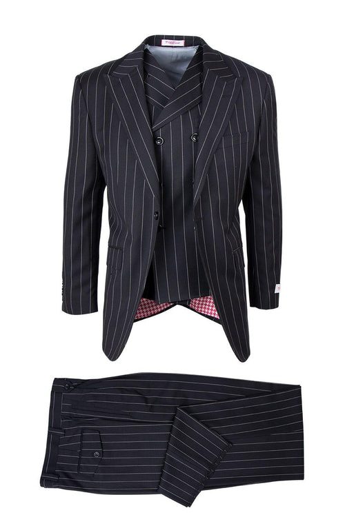 Tiglio Italian Suit - Real Wool Fabric Super 150's San Giovesse Black Bold Pinstripe, Wide Leg Suit & Vest in Color Black
