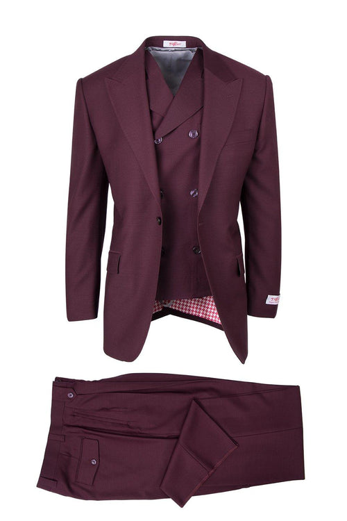 Tiglio Italian suit: burgundy two-piece. Double-breasted jacket with notched lapel, houndstooth lining, and visible buttons. Matching flat-front trousers with side pockets.