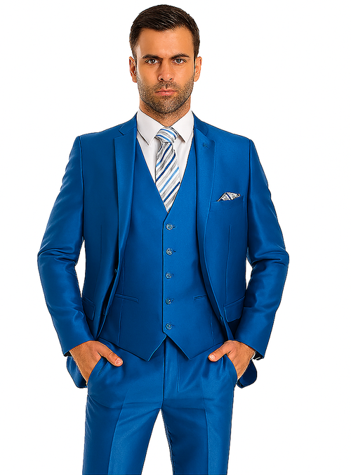 "Royal Blue Men's Sharkskin Wedding Suit - Two Button Vested Prom 2025 Fashion"