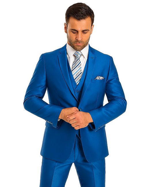 "Royal Blue Men's Sharkskin Wedding Suit - Two Button Vested Prom 2025 Fashion"
