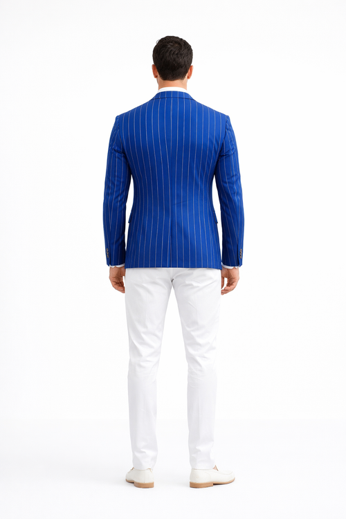 Royal Blue Pinstripe Blazer With White Pants - Suit Party Blazer