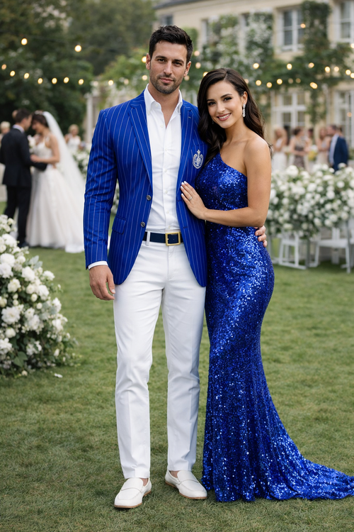 Royal Blue Pinstripe Blazer With White Pants - Suit Party Blazer