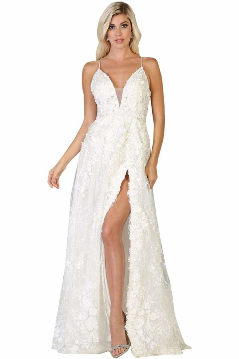 Royal Queen RQ7738 V Neck Floral Applique Thigh High Slit Prom Dress