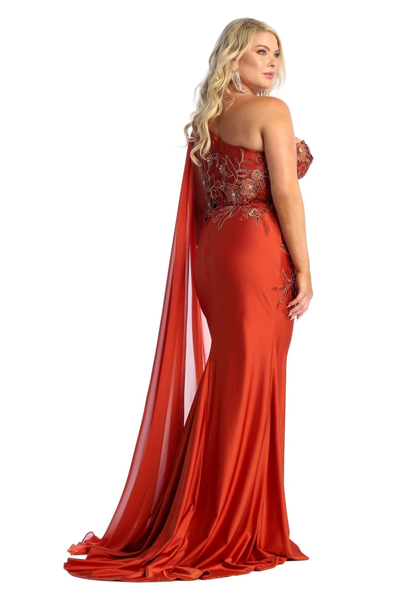 Royal Queen RQ7943 Long Embroidered One Shoulder Prom Dress With Cape
