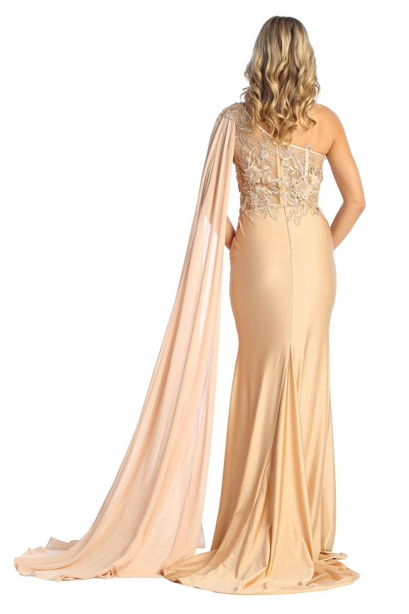 Royal Queen RQ7943 Long Embroidered One Shoulder Prom Dress With Cape