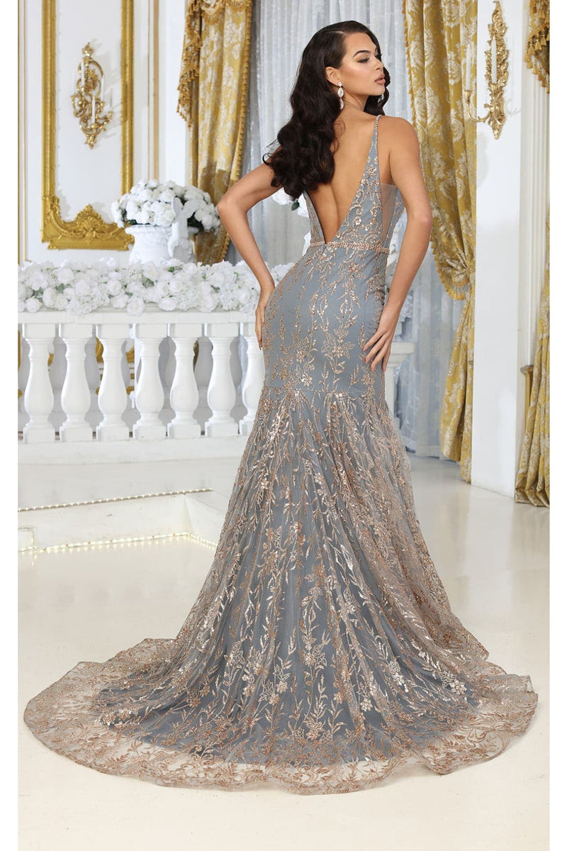 Royal Queen RQ8017 V-upper Back Sheer Sides Glitter Prom Gown