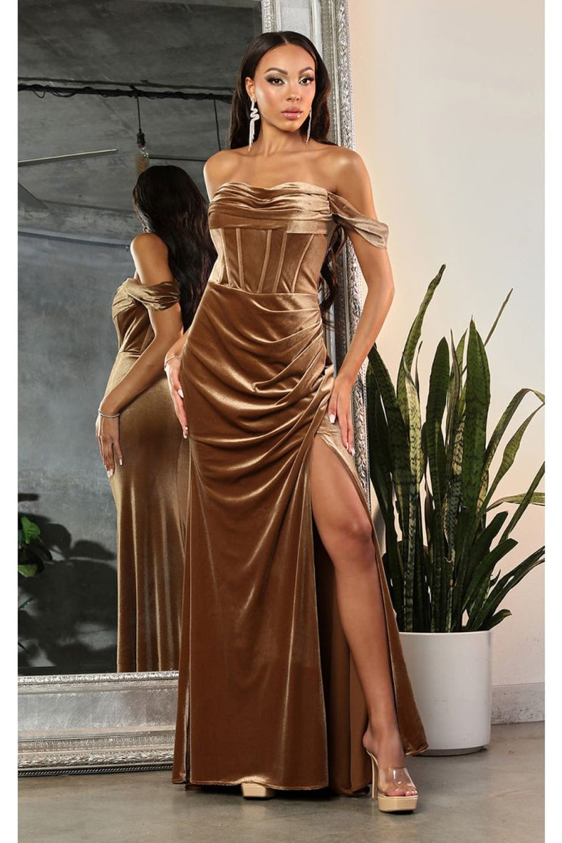 Off-Shoulder Velvet Corset Gown with High Slit Elegant Formal Prom by Royal Queen RQ8069