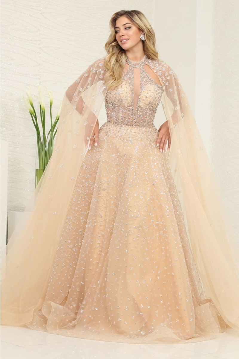 Royal Queen RQ8133 Champagne Beaded Evening Dress with an Elegant Cape
