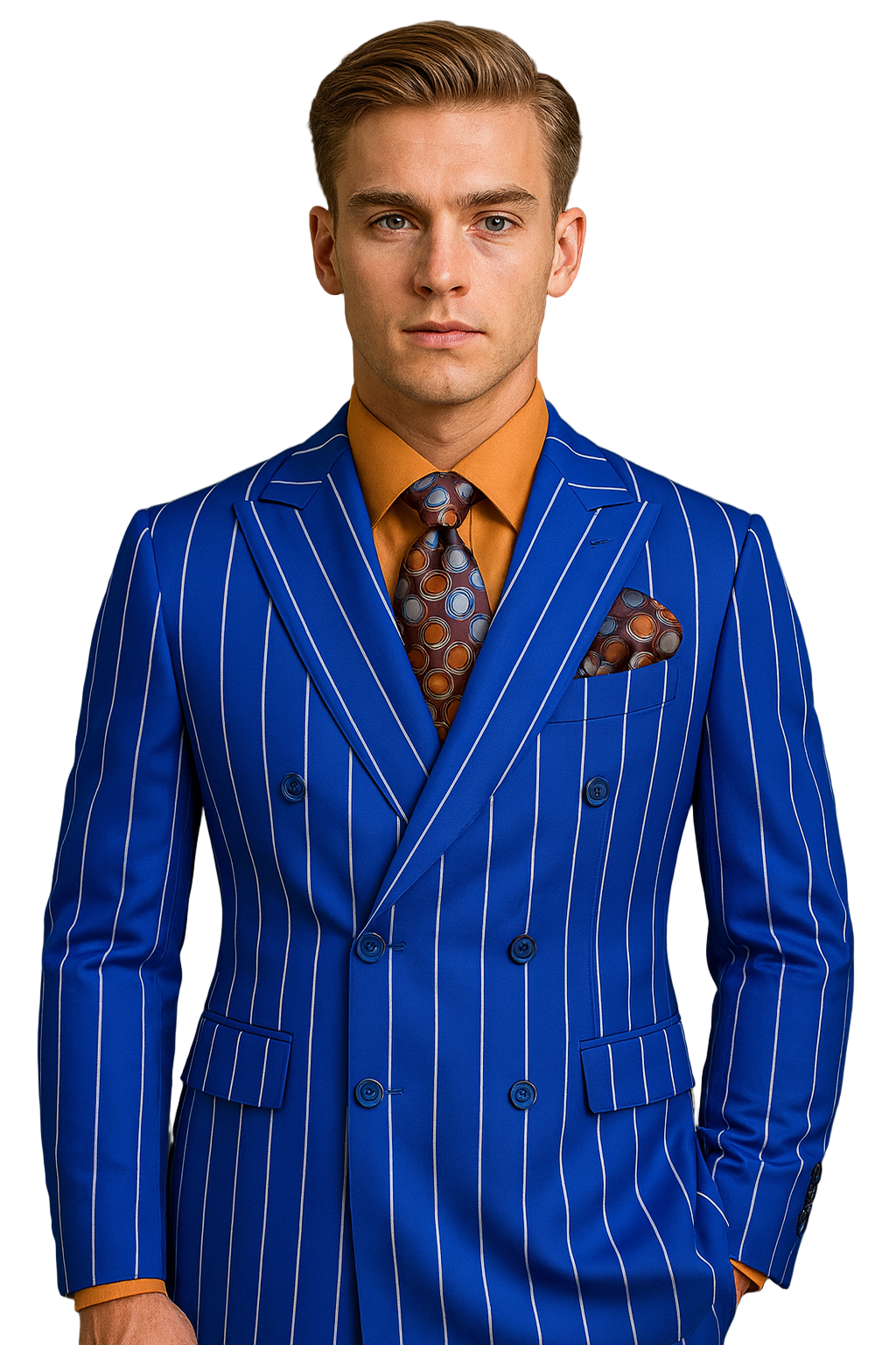 Mens Double Breasted Blazer Suit Jacket - Bold Pinstripe Sport Coat in Royal and White Pinstripe