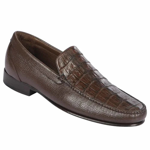 Men's brown exotic leather slip-on loafers crafted from genuine crocodile calfskin. Smooth toe, textured crocodile vamp, low heel, rounded shape, and textured side finish.