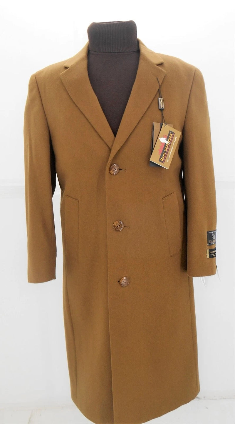 Men's camel tailored overcoat with a straight cut, button-front, and notch lapels. Features a smooth texture, two front pockets, and full-length sleeves. Structured, elegant design.