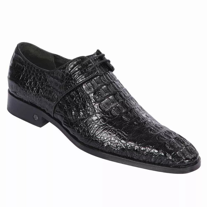 Men's black genuine crocodile dress shoes. Pointed toe, lace-up closure. Natural crocodile skin with shiny finish. Black sole, smooth interior lining.
