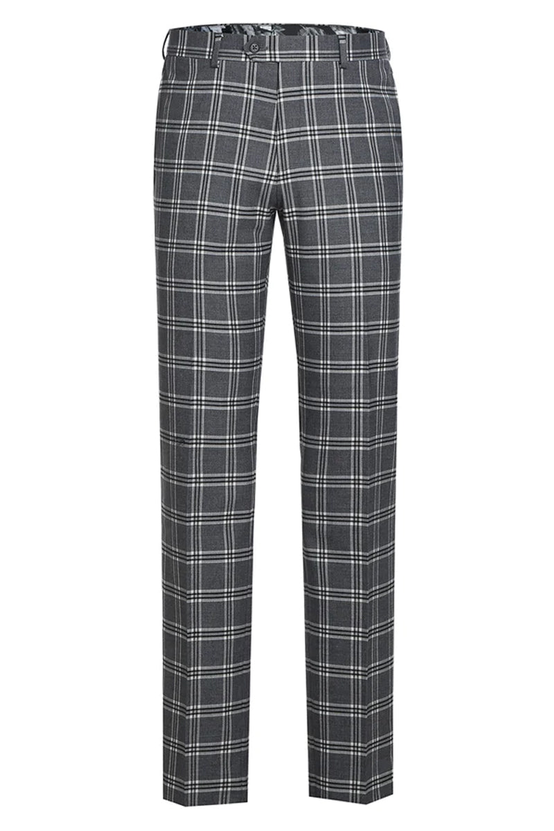 Men's slim fit suit with peak lapel, grey windowpane plaid. Includes tailored trousers. Woven fabric offers a textured finish with grey and white checkered pattern.