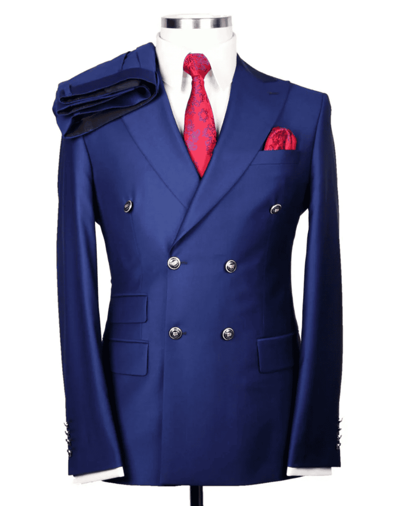 Mens Designer Modern Double Breasted Wool Suit with Gold Buttons in Indigo Blue