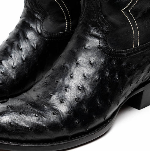 Marco Di Milano Savannah cowboy boots. Black ostrich quill leather upper with textured patterns. Rounded toe, subtle white stitching. Low, stacked heel, streamlined silhouette, and form-fitting.