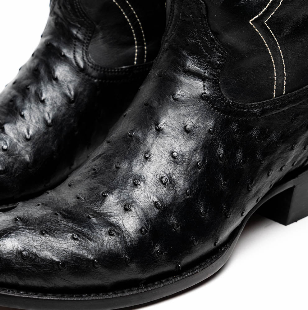 Marco Di Milano Savannah cowboy boots. Black ostrich quill leather upper with textured patterns. Rounded toe, subtle white stitching. Low, stacked heel, streamlined silhouette, and form-fitting.