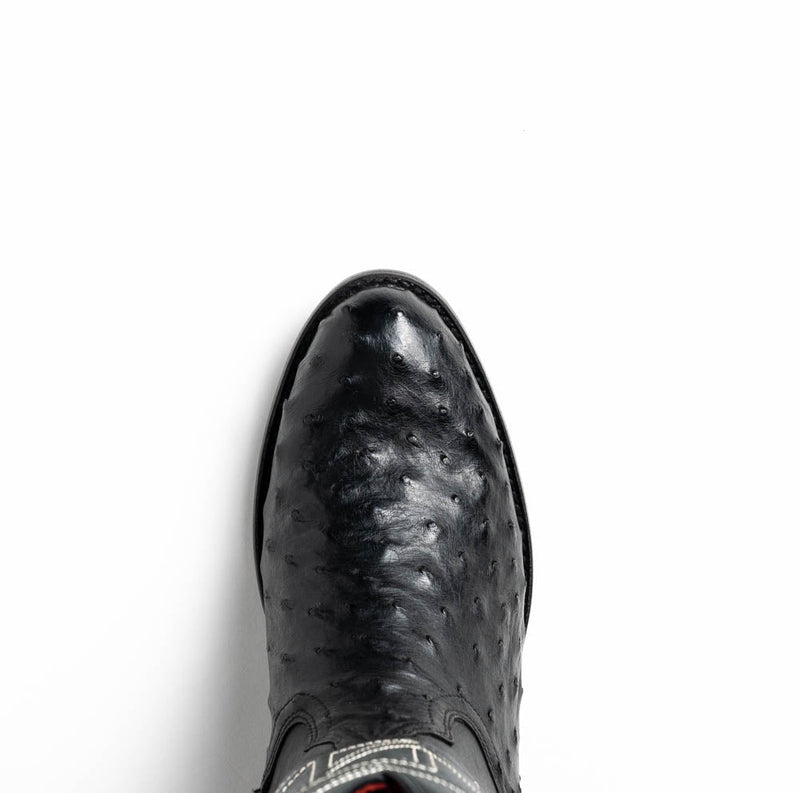 Black Marco Di Milano cowboy boots crafted from textured ostrich leather. Features a round toe, visible collar stitching, and a smooth finish for a stylish look.