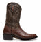 Marco Di Milano Kango Tabae cowboy boots. Two-tone design: dark brown ostrich lower, contrasting upper. Tall silhouette, round toe, stacked heel. Decorative stitching. Leather construction with smooth shaft and textured foot. Pull tab.