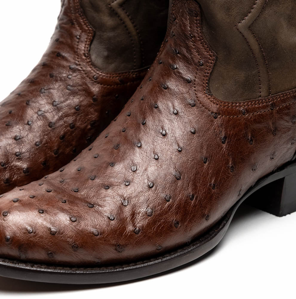 Marco Di Milano Kango Tabae cowboy boots: Round toe, ostrich quill texture. Deep brown with darker brown shaft. Simple stitching, slightly elevated heel, and textured sole.