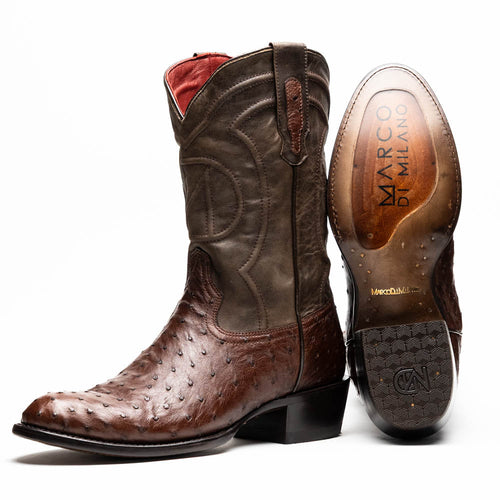 Marco Di Milano Kango Tabae cowboy boots. Beige-brown ostrich quill upper, dark brown leather shaft with tonal stitching. Pointed toe, low stacked heel, red lining. Textured outsole, curved heel.
