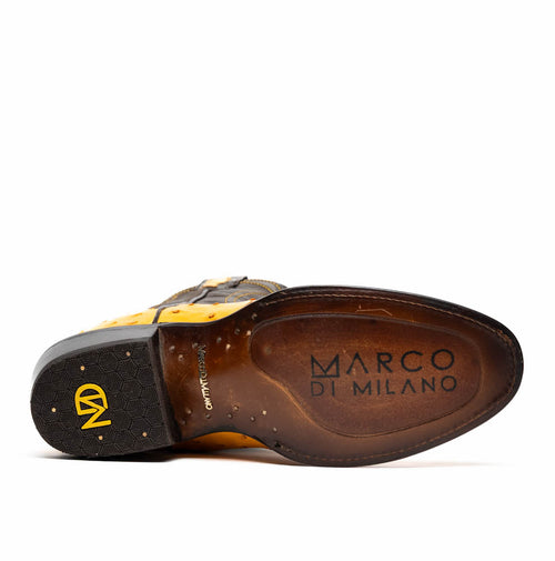 Marco Di Milano Savannah cowboy boots. Round toe, leather sole with textured surface. Yellow ostrich quill upper with black accents. Embossed branding and geometric tread.