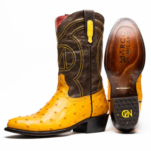 Yellow ostrich quill vamp, dark brown leather shaft with yellow stitching. Smooth sole with logo, stacked heel. Classic round toe cowboy boots.