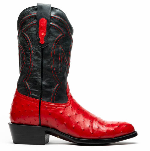 Marco Di Milano Savannah cowboy boots. Red ostrich quill body, black leather shaft. Round toe, red stitching, pull tabs. Stacked black heel.