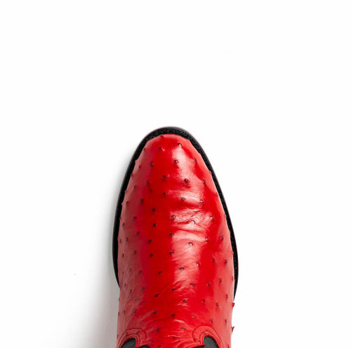 Marco Di Milano Savannah cowboy boots in red ostrich. Round toe design with a textured exterior featuring the distinctive bumps of ostrich quill leather.