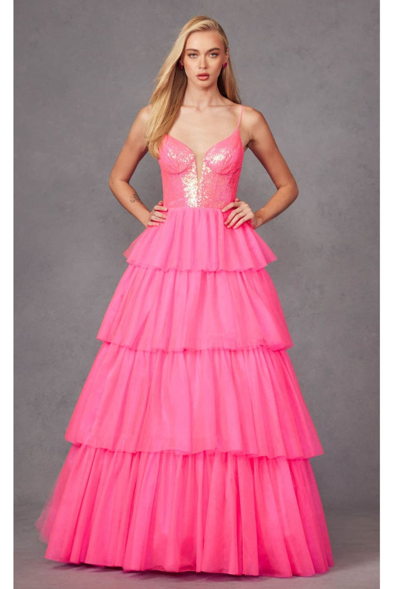 Sequin Bodice Sleeveless A-Line Ruffled Prom Gown by Juliet JT2457H
