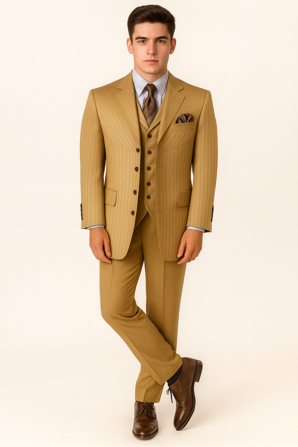 Mens 4 button Semi Wide Leg Shiny Tonal Stripe Fashion Gold Suit