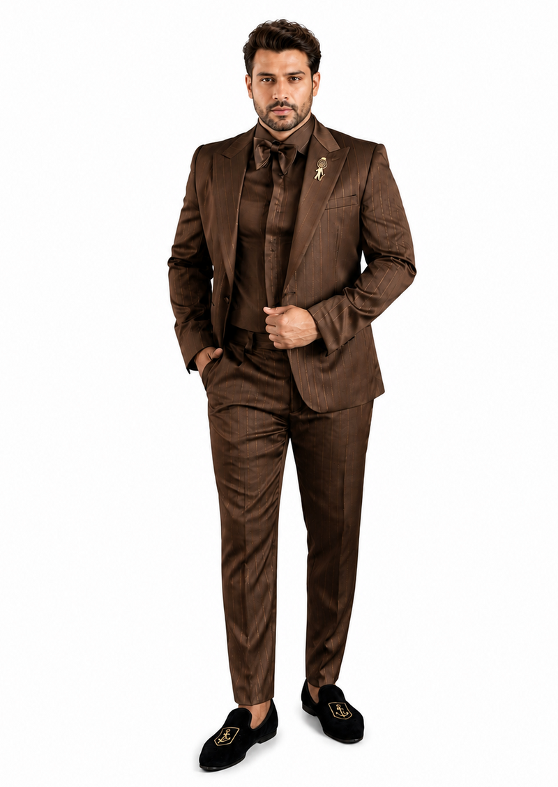 Men's Shiny Satin Charmeuse Metallic Stripe Sheen Monochromatic Pinstripe Suit By Rossiman in Color Brown Tailored Fit + Matching Shirt Tie (4-Piece)
