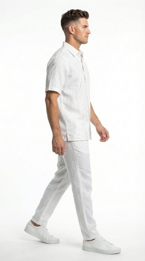 Mens White Embroidered Walking Suit Set ā Short Sleeve Shirt and Pants Casual Summer Outfit for Vacation, Beach and Everyday Wear