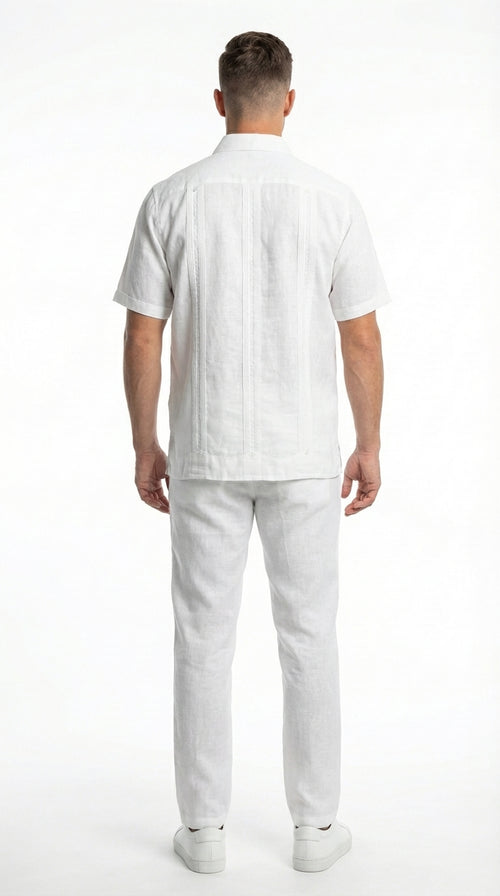 Mens White Embroidered Walking Suit Set ā Short Sleeve Shirt and Pants Casual Summer Outfit for Vacation, Beach and Everyday Wear