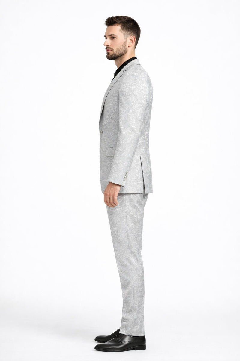 Mens Paisley Pattern Suit in Silver – Slim Fit Formal 2-Piece Set