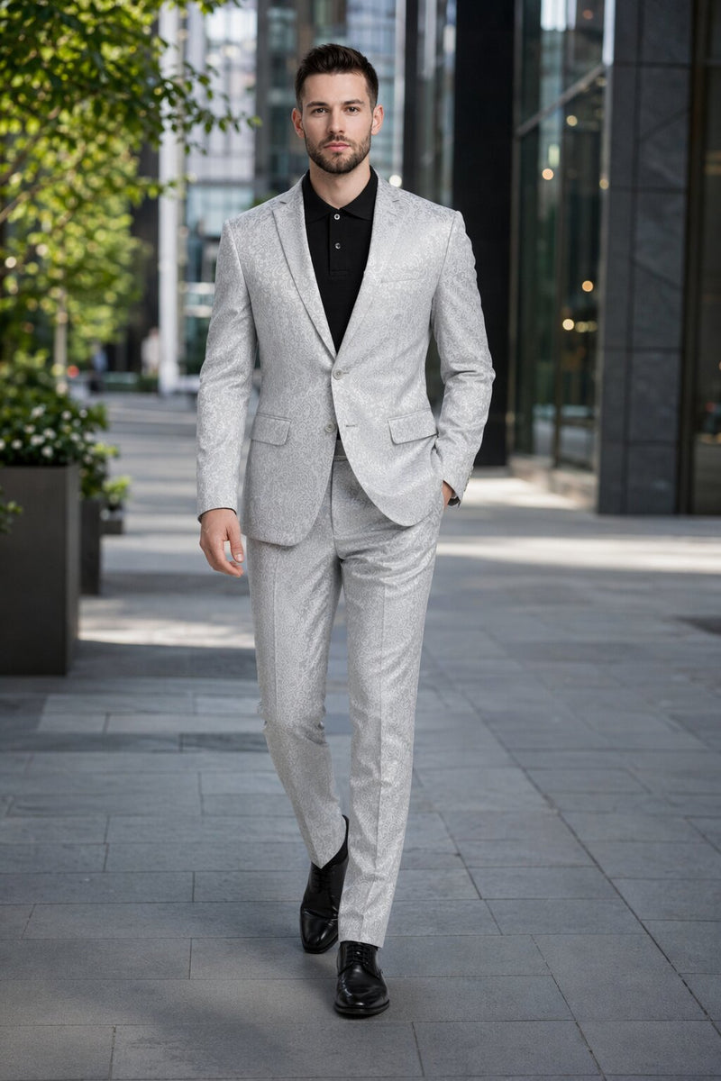 Mens Paisley Pattern Suit in Silver – Slim Fit Formal 2-Piece Set