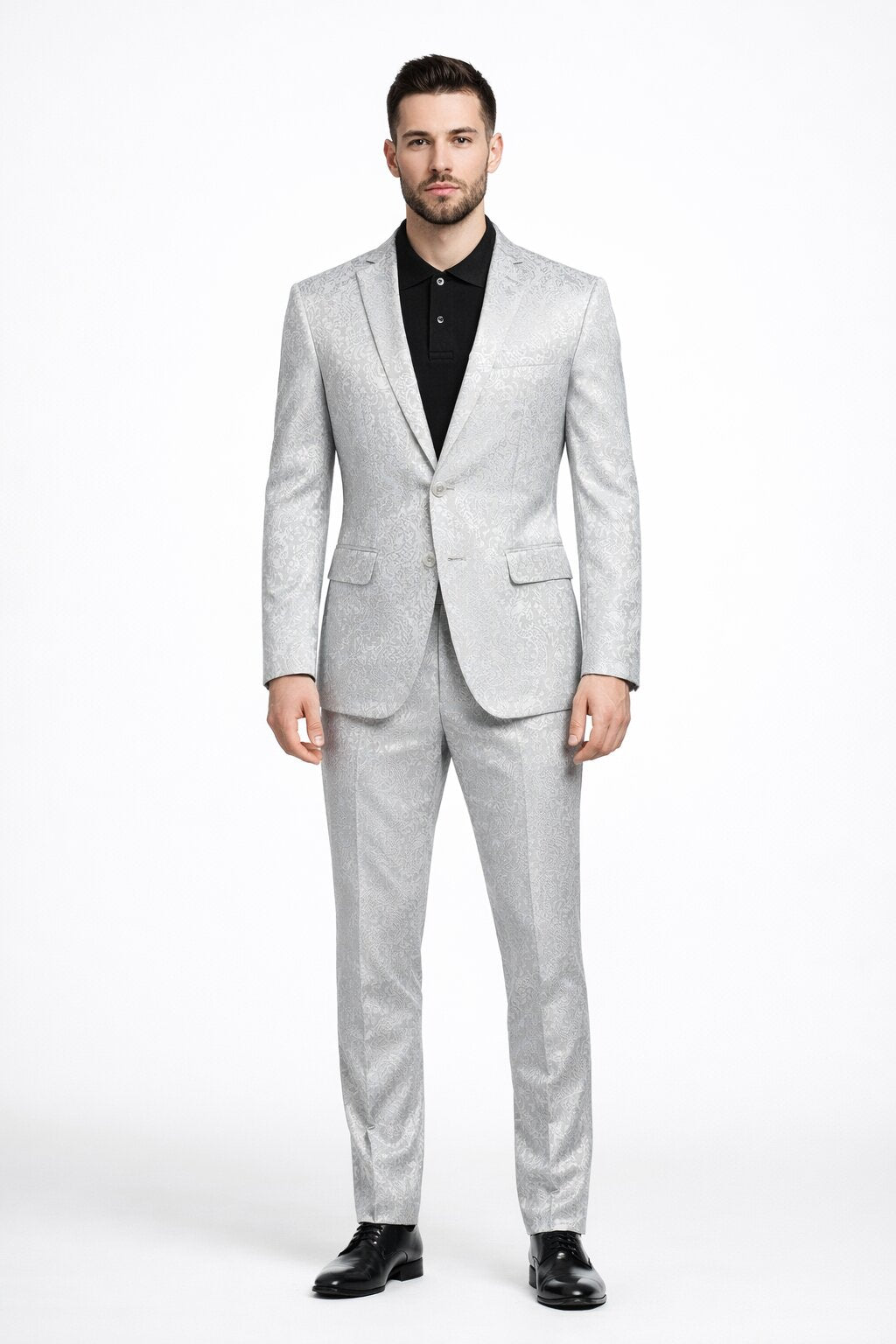 Mens Paisley Pattern Suit in Silver – Slim Fit Formal 2-Piece Set