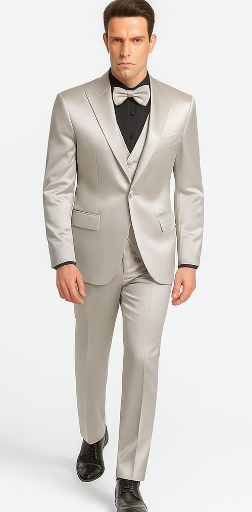 Tazzio men's suit in silver satin with a skinny fit and peak lapel. Includes a tailored jacket and matching slim-fit trousers for a sharp, cohesive look.