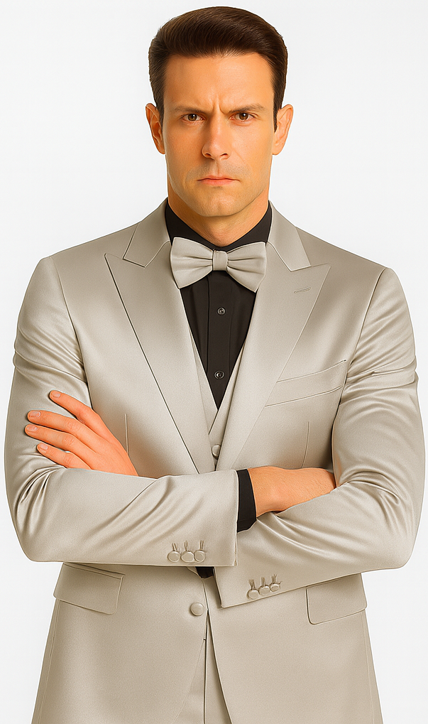 Silver satin three-piece men's suit: peak lapel, fitted, button cuffs. Paired with a black shirt and bow tie for a stylish look.