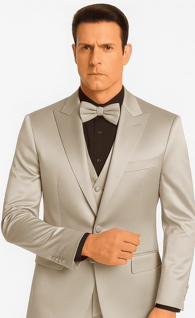 Tazzio silver satin 3-piece skinny fit suit for men. Peak lapel jacket, button vest, and tailored trousers. Stylish and modern.