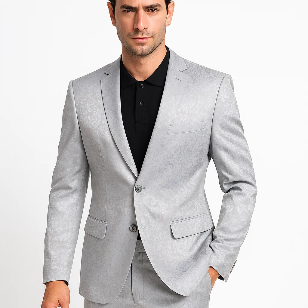 Mens Slim Fit Shiny Paisley Prom and Silver Grey Wedding Suit