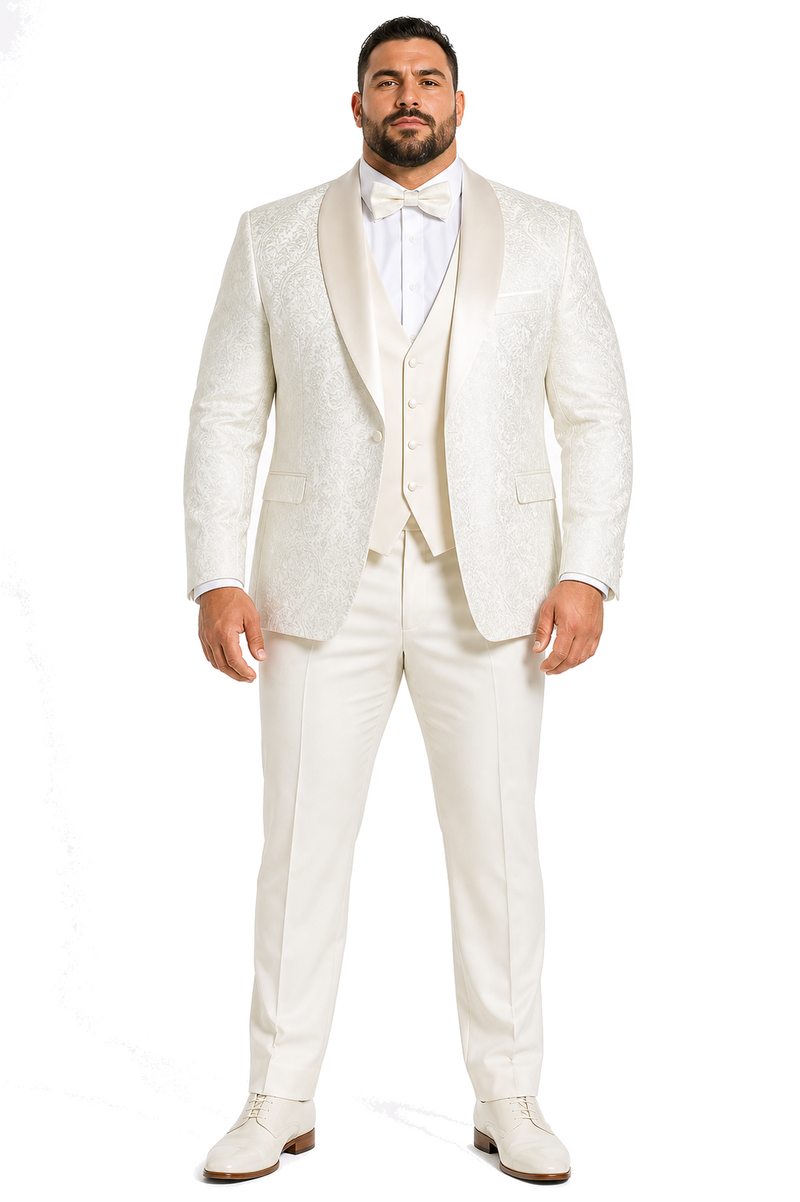 SKU#JA61572 Cream Suit - Ivory Tuxedo - Off White Paisley Suit - Floral Tuxedo - Wedding Tuxedo