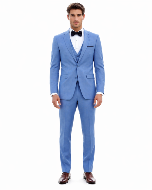 Sky Blue ~ Powder Steel Blue Suit 2 button Vested Flat Front Pants - Dusty Blue Suit