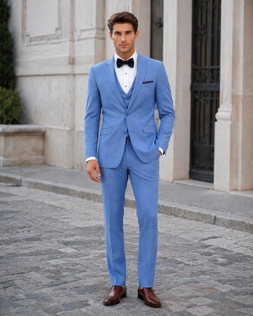Sky Blue ~ Powder Steel Blue Suit 2 button Vested Flat Front Pants - Dusty Blue Suit