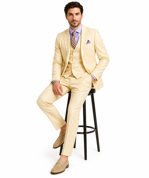 Slim Fit 3 Piece Satin Suit in Champagne Beige